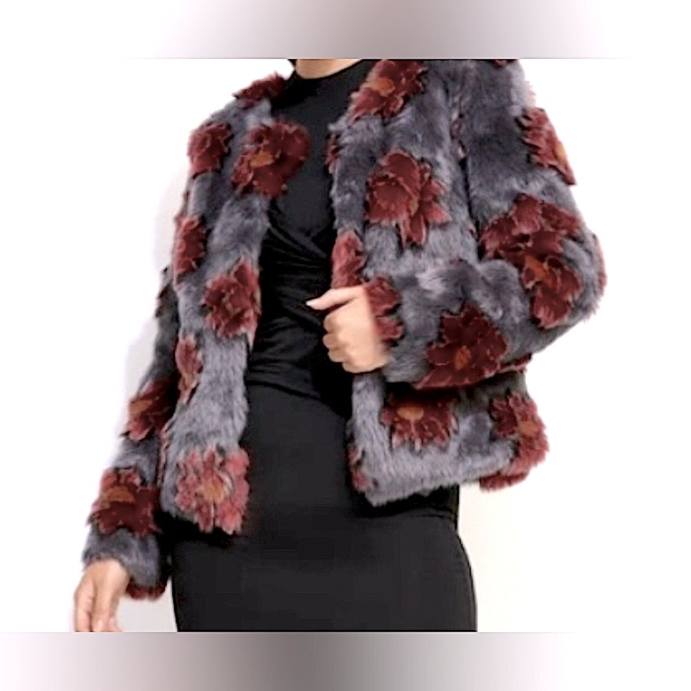 Unreal Fur Size M Floral Faux Fur Teddy Jacket - Gray and Red